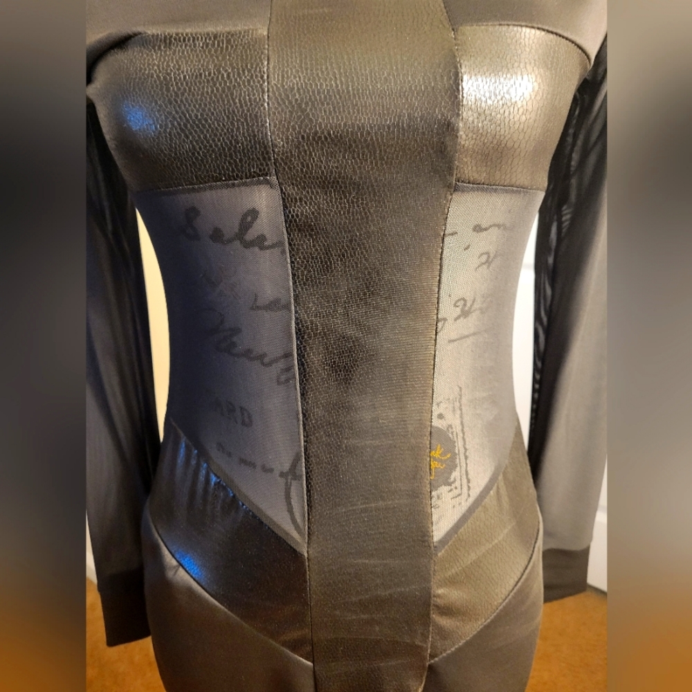 Black Bodycon Dress w/Faux Leather Details & Sheer Mesh Inserts
